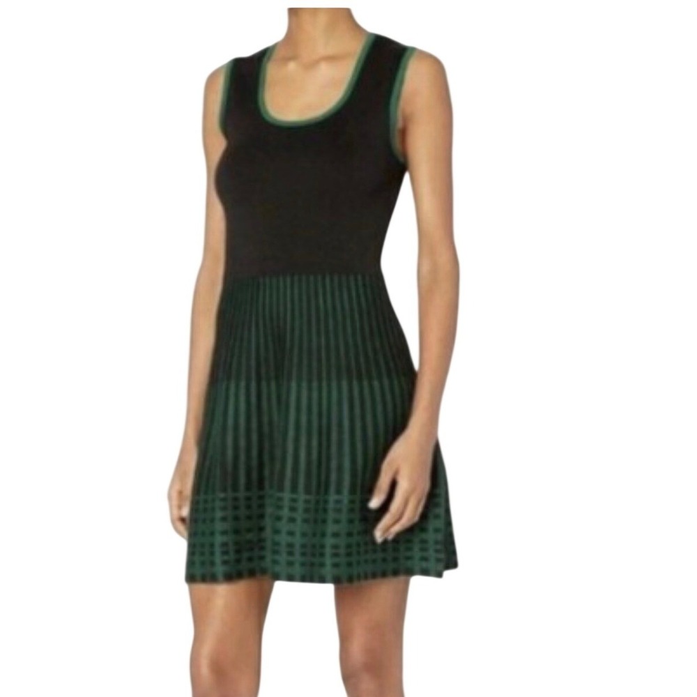 Anne Klein Knit Dress Womens L Black Green Sleeveless Fit & Flare Scoop Neck‎